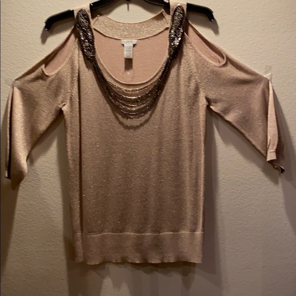 Cache off the shoulder light bejeweled  sweater